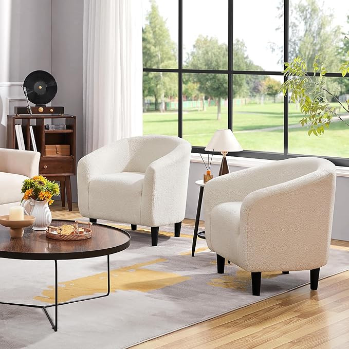 Yaheetech Accent Barrel Chair Boucle Fabric Club Chair Furry Sherpa Elegant Armchair with Cozy Soft Padded Suitable for Living Room Bedroom Reception Room Office Ivory