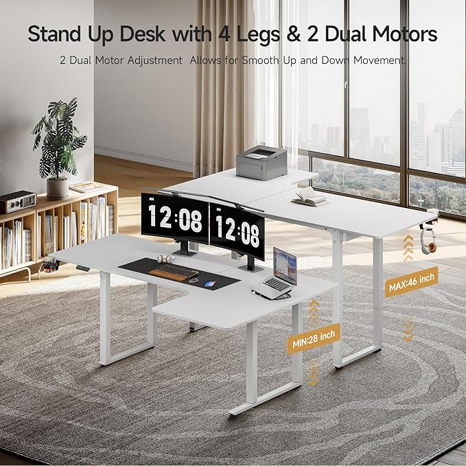 ONBRILL L Shaped Standing Desk 71x43 Inches Electric L Stand Up Desk with 4 Legs Dual Motor and Memory Controller Adjustable Height from 28-46 Inches for Home and Computer Workstation White