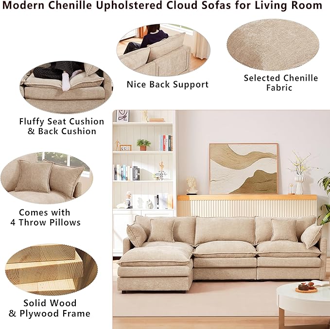 102 L-Shaped Sofa for Living RoomModular Sectional Cloud Sofa Couch with OttomanModern Chenille 3 Seater Sofas with Deep SeatSmall L Shaped Couches for Bedroom (Light Coffee 102)