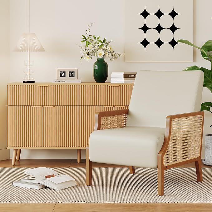 Aklaus Mid Century Accent Chair Set of 2 with Rattan Armrest Upholstered Living Room Chairs Lounge Fabric Reading Chairs Side Sitting Farmhouse Chair for Living Room Bedroom Balcony Beige