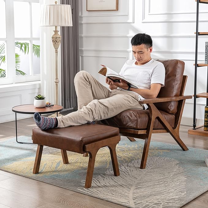 chairus Mid-Century Modern Brown Faux Leather Accent Chair with Ottoman Comfy Upholstered Lounge Armchair with Removable Cushion &amp Solid Wood Frame Retro Reading Chair for Living Room Bedroom Of