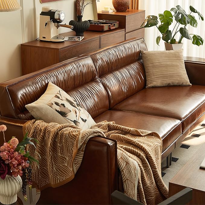 Mid-Century 3-Seater Faux Leather Sofa with Removable Backrest and Cushions Vintage Modern Lounge Couch for Office Apartment Living Room Bedroom with Sturdy Metal Legs - 86.61 Inches Brown