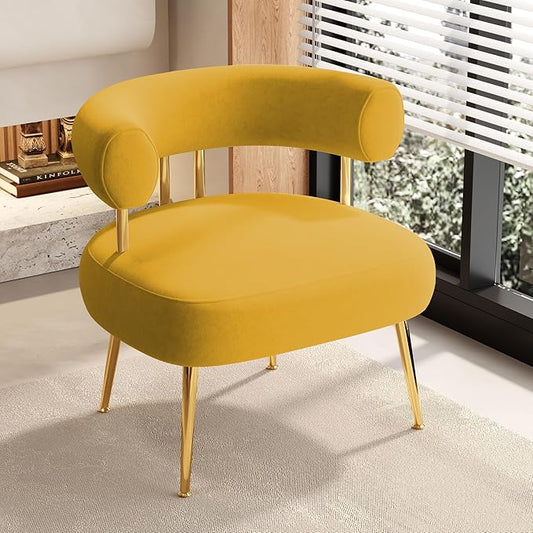 Modern Velvet Accent Chair Round Upholstered Barrel Armchair for Small Spaces Fluffy Side Corner Sofa Chair for Living Room Bedroom(Yellow)