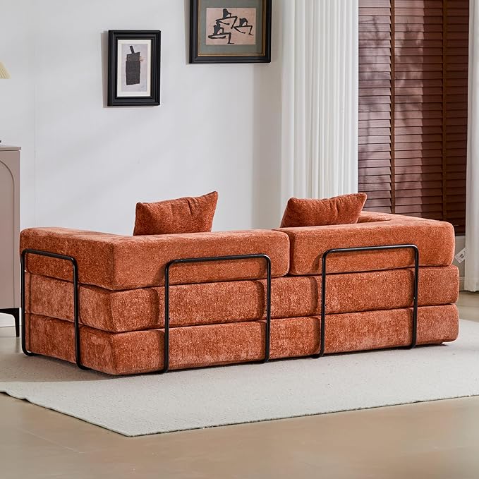 Convertible Couch Sofa Bed Foldable Floor Sleeper | Modern Fold Out Couch | Removable Backrest &amp Armrests | No Assembly Compression Sofa Sleeper for Living Room Bedroom | Orange Chenille