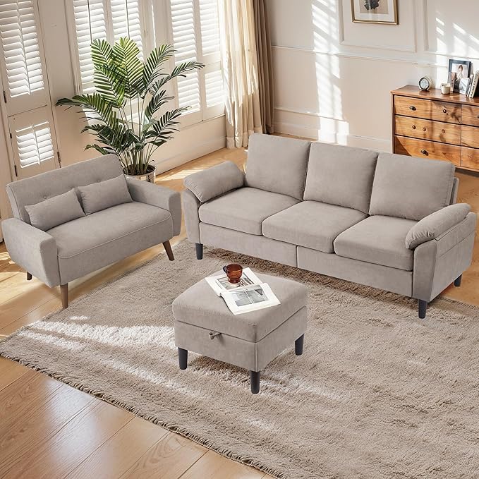 Convertible Sectional Sofa Modern 3 Seater Sofa and Loveseat Set with Storage Ottoman L Shaped Couch with Reversible Chaise 2 Piece Sofa Set for Living Room Apartment Beige