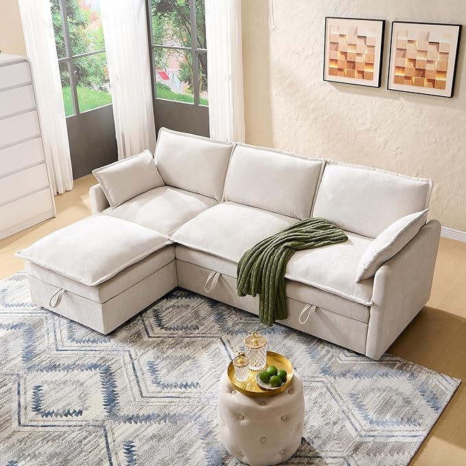 85.83 Sectional Couches for Living Room Cloud Couch Sectional with Large Storage Ottoman L-Shape Modular Sectional Sofa with 5 Seater Chenille Sofa and Pillow for Apartment Bedroom Beige