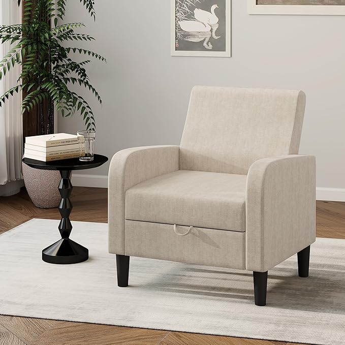 DAGONHIL Living Room Chair Upholstered Accent Chair Reading Chair for Bedroom Linen Fabric Armchair Single Sofa for Living Room/Office/Library (Beige 1 Pack)