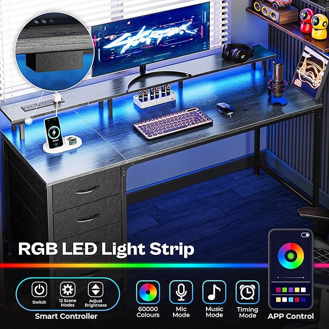 Huuger 55 Inch Computer Desk with Power Outlets and LED Lights Gaming Desk with 4 Drawers Office Desk with Monitor Stand Study Work Home Office Gray