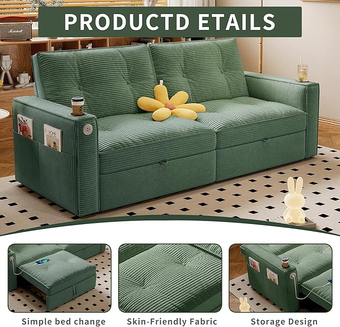 73 Queen Size Sofa Bed Loveseat Sleeper Sofa with Pull Out Bed Pockets and USB Modern 2 Seater Convertible Small Couch for Living Room Bedroom Apartment (Green Corduroy)