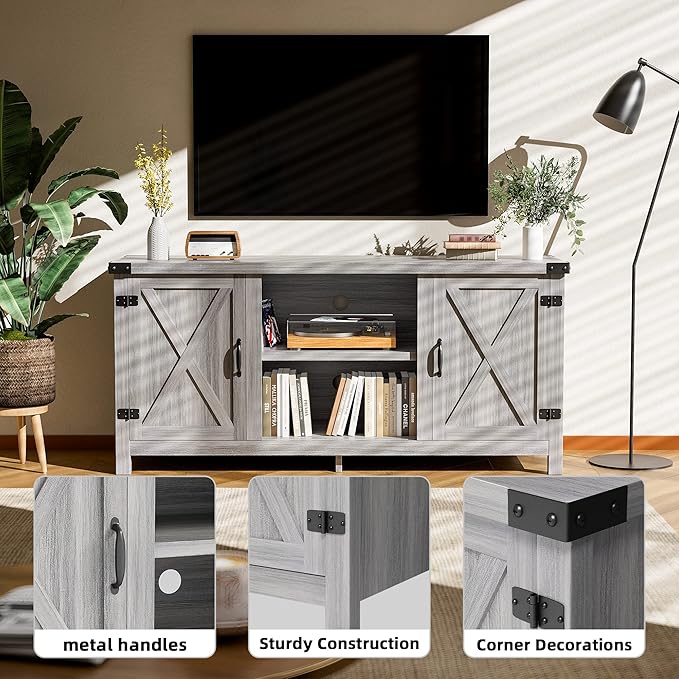 JUMMICO TV Stand 65 Inch TV Farmhouse Entertainment Center with Double Barn Doors and Storage Cabinets Console TV Table Media for Living Room Bedroom (Grey)