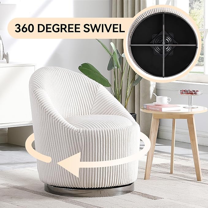 Morden Fort Mid Century 360° Swivel Chair Barrel Accent Sofa Chairs Luxury Corduroy Modern Upholstered Chair Durable Stainless Pedestal Round Armless Chairs for Living Room Bedroom Office Beige