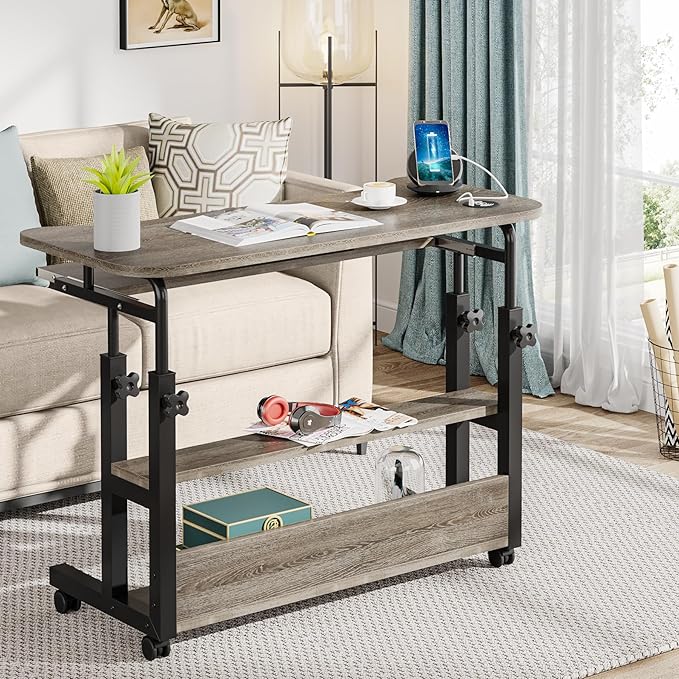 Tribesigns Portable Desk with Power Outlets Height Adjustable Side Table Sofa Couch Bedside Laptop Computer Cart with USB Charging Ports Mobile Small Standing Desk with Keyboard Tray