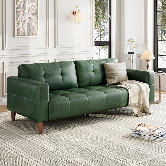 GarveeHome 3-Seater Sofa Couch 83 in Wide Faux Leather Sofa Couch with Spring Cushion Modern Sofa with Deep Seats and 2 Removable Back Cushions for Living Room Bedroom Apartment Office Green