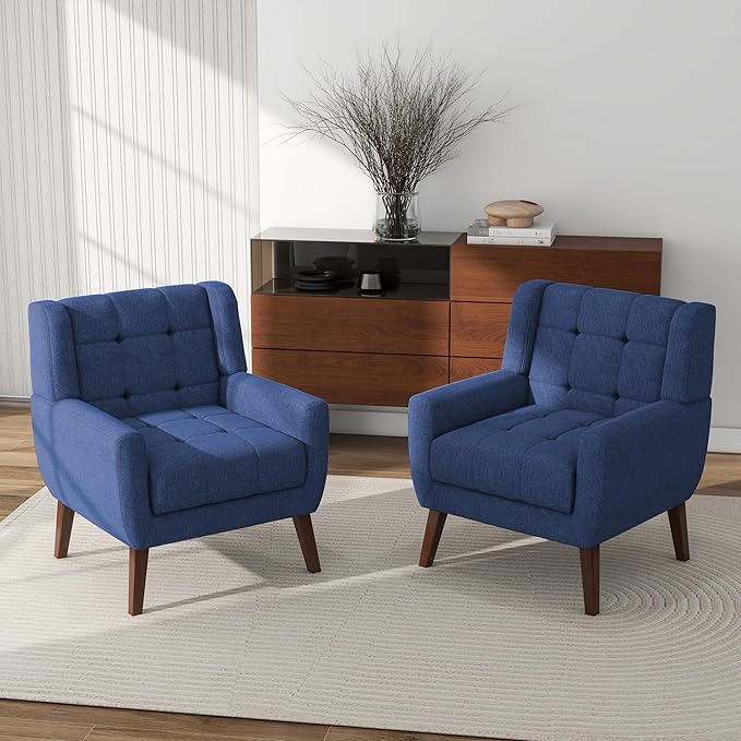 Accent Chair Comfy Mid Century Modern Small Armchairs with Solid Wood Frame and Soft Cushion for Living Room Bedroom (Fabric Blue Set of 4)