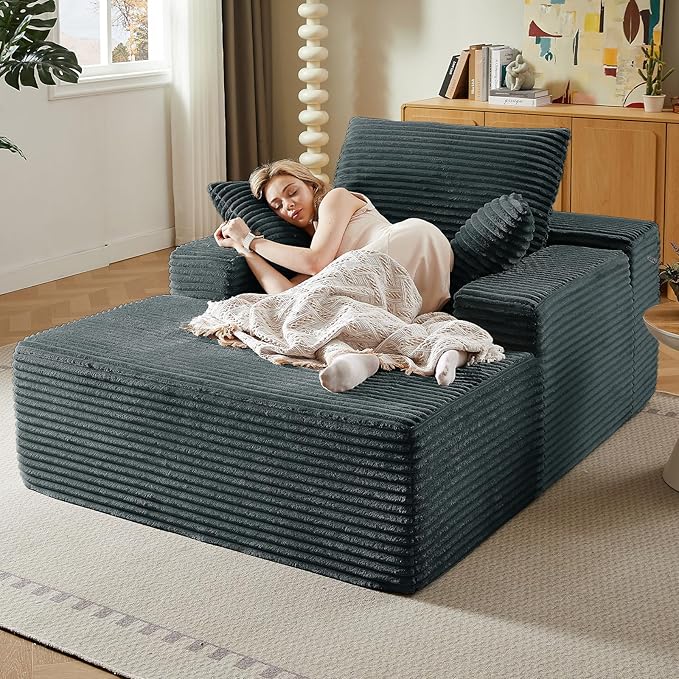50Oversized Chaise Lounge Chair IndoorCorduroy Boneless Reading Chair with 3 PillowsDeep Seat Cloud Sofa BedComfy Modern Sleeper Chairs in Box for Living Room BedroomNo Assembly(Dark Grey)