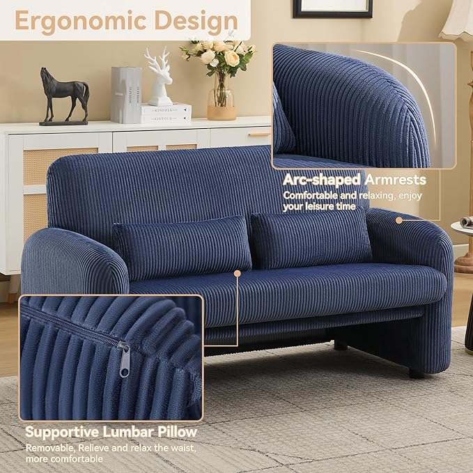 Corduroy Accent Living Room Sets Modern Upholstered Love Seat with 2 Accent Chairs Wide Comfy Leisure Chair Sets for Bedroom Office Blue