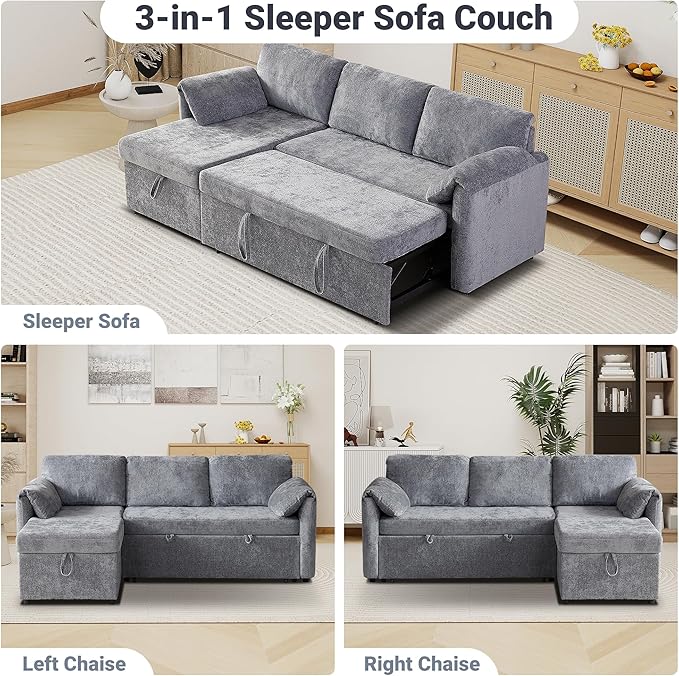 Tbfit Sleeper Sofa Couch with Pullout Bed Sofa Bed Couch with USB &amp Storage Chaise Chenille Convertible Sleeper Sofa 83'' Pull Out Sofas Couches for Small Space Apartment Light Gray