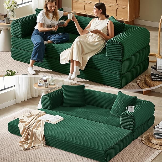 Boneless Couch Versatile Couches for Living Room No-Install Sofa Bed Corduroy Futon Soft Cloud Couch with Pillows for Bedroom Game Movie (Green)