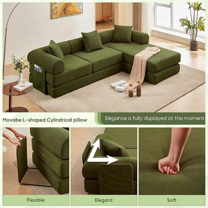 L Shaped Convertible Modular Sofa Bed with Cylindrical Pillow &amp Reversible Chaise Corduroy Folding Floor Sofa Couch Bed with Fixed-Shape Frame &amp Storage Pocket for Living Room Green