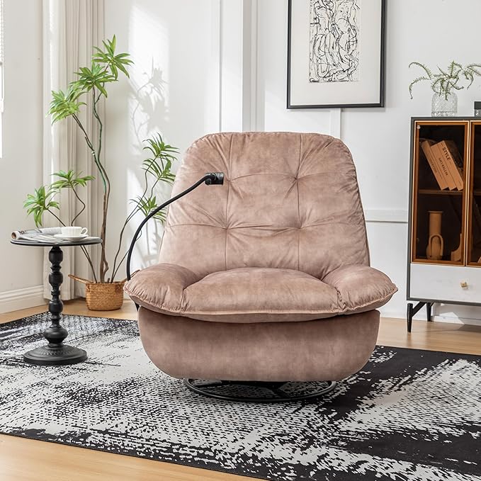 JOSHEN 41 Modern Velvet Reclining Lazy ChairLarge Reading ChairSwivel Gliding Rocking Chair with Mobile Phone Holder for Living RoomBedroomLight Brown