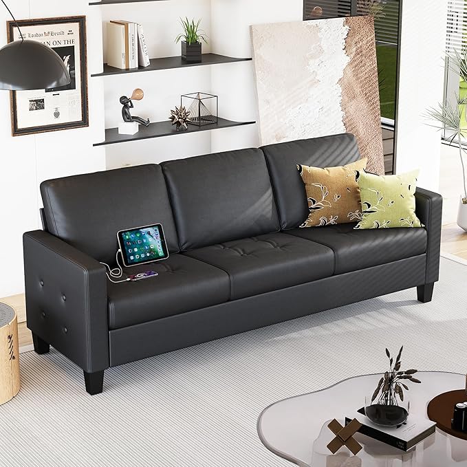 STHOUYN 73” Black Faux Leather Sofa Couch Modern Comfy Office 3 Seater Couch Loveseat with Tufted Armrest and USB Small Love Seat Couches for Living Room Bedroom Apartment