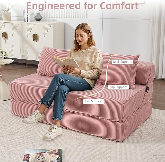 GNIXUU Fold Out Couch 3-in-1 Convertible Futon Sofa Bed with 2 Pillows Corduroy Foldable Floor Chair Boneless Loveseat Couches for Living Room Bedroom Small Spaces Pink