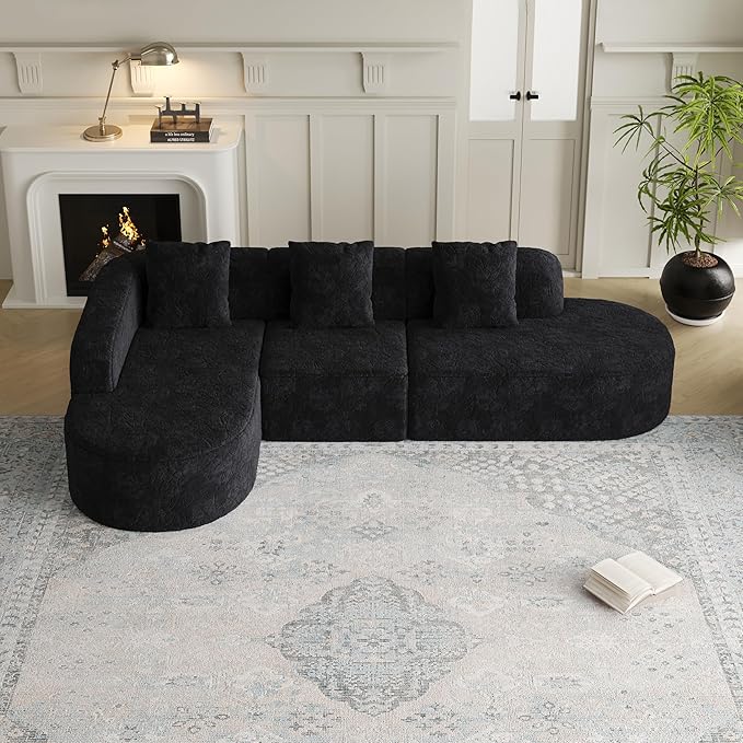111.8' Curved Sectional Cloud Sofa Modern L Shaped Couch with Chaise &amp Pillows Comfy Upholstered Deep Seat Compression Boneless Sofa for Living Room Office No Assembly Required Left Facing Bl