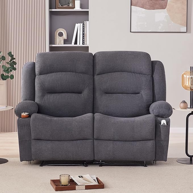 Oversized Recliner Loveseat with Heat and Massage Wall-Hugger Reclining Sofa with Cup Holders and USB Port Big Large 2-Seater Double RV Recliner Loveseat for Living Room (Fabric Grey)