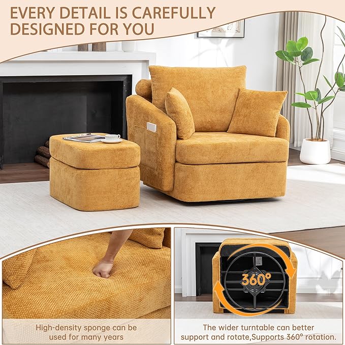 39''W Oversized Accent Chair with OttomanComfy Swivel Lounge Reading Chairs for Living RoomBedroom (Chenille Orange)