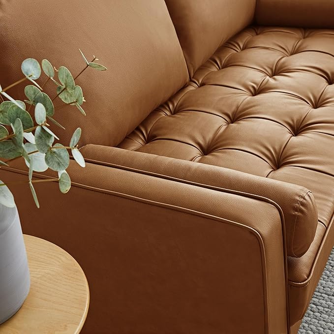 Modway Valour 62 Inch Faux Leather Loveseat in Tan – Wide Faux Leather Loveseat Sofa with Wood Legs - Small 2-Seater Sofa with Tufted Seat for Living Room or Office