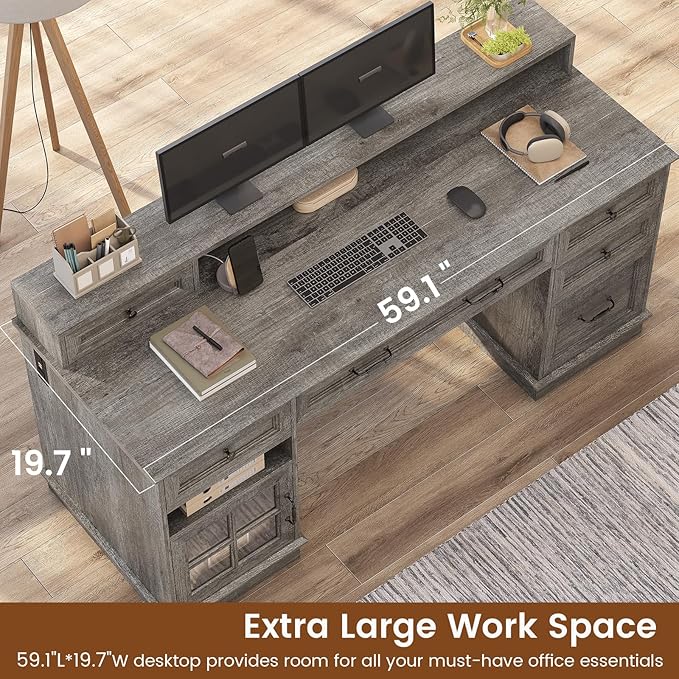 Farmhouse Executive Desk with Drawers Computer Desk with File Drawers Power Outlet and Led Lights Executive Office Desk with Storage Cabinet and Monitor Shelf for Home Office Grey