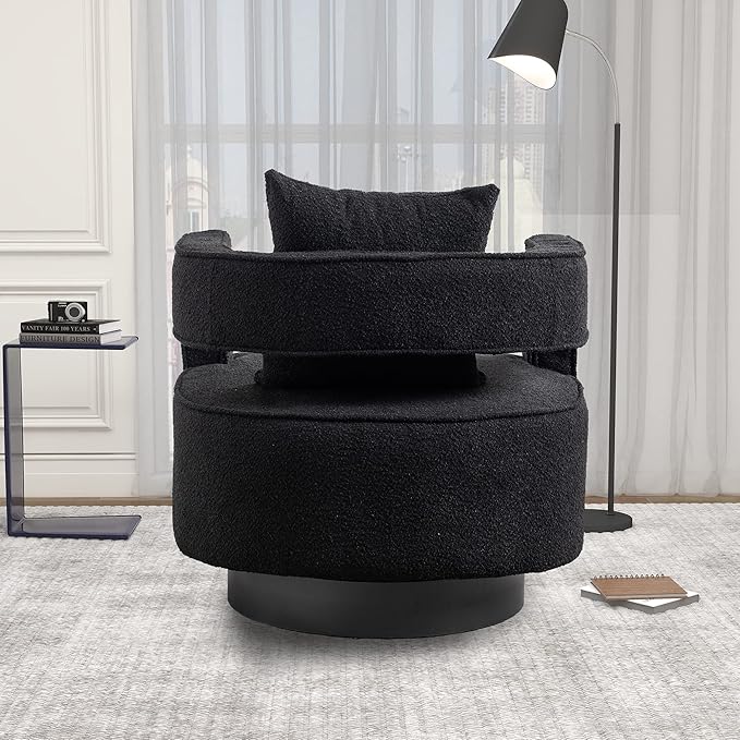 Mid Century Modern Boucle Swivel Accent Chair 2 Pack Comfy Open Back Sofa Chair with Black Wood Base for Nursery Bedroom Living Room Club Swivel Lounge Chairs (2pcs Chair Black)