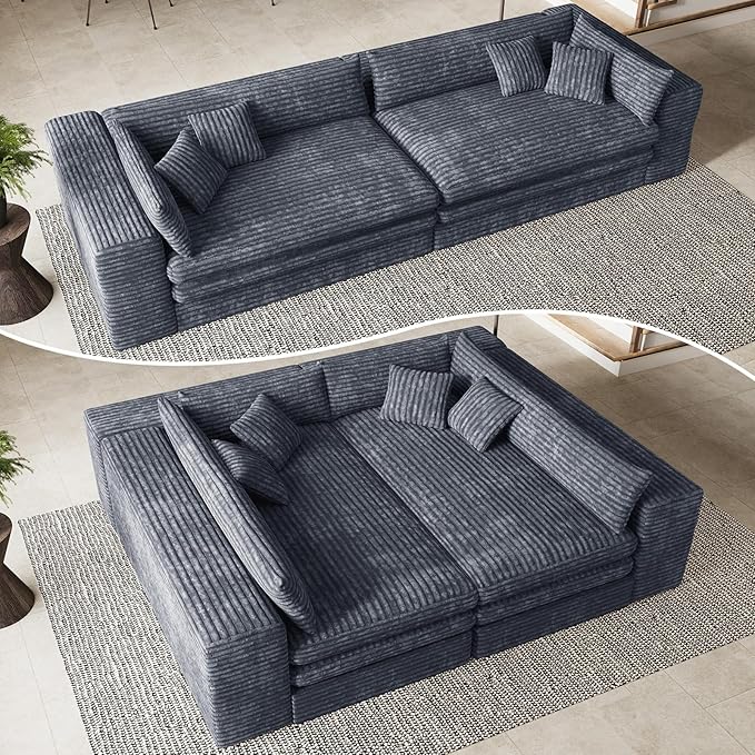 Belffin Plush Corduroy Boneless Cloud Couch with Deep Seat Convertible Sleeper Sofa Bed Cloud Boneless Sectional Couch No Assembly Required. Grey Sofa