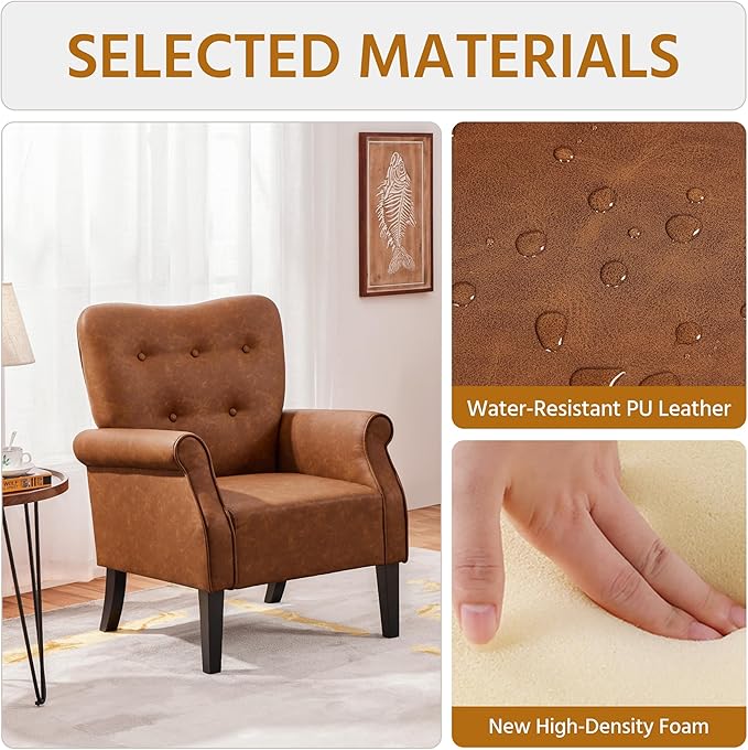 Yaheetech Modern Armchair Mid Century PU Leather Accent Chair with Sturdy Wood Legs and High Back for Small Space Upholstered Club Sofa for Living Room/Bedroom Set of 2 Retro Brown