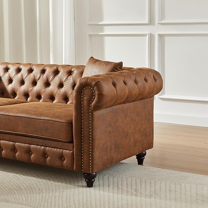 2 Piece Mid Century Modern Couch Set Retro Button Tufted Chesterfield Sofa muebles para la sala Comfy Deep Seat Upholstered Office Furniture Living Room Sofas Set (Retro Brown Couch and Loveseat)