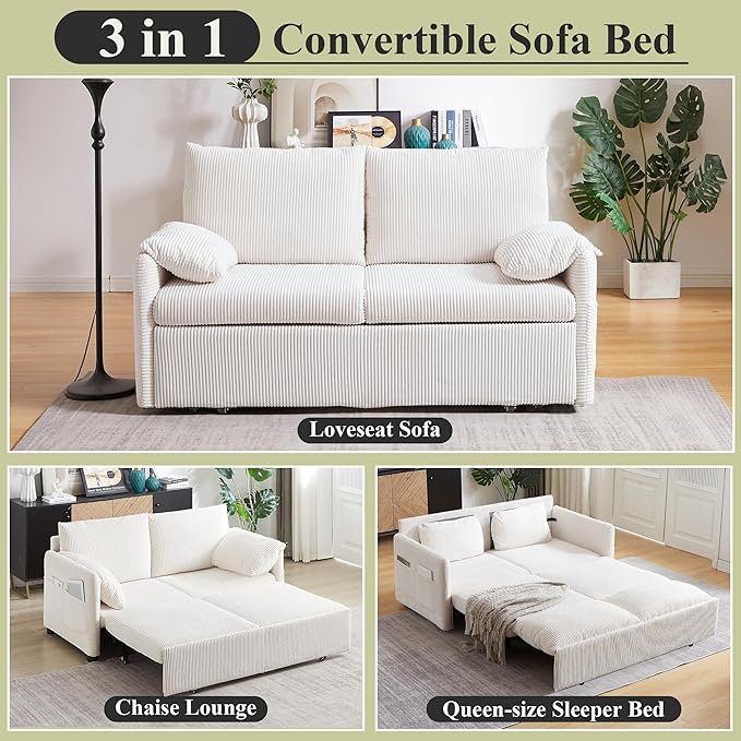 Queen Size Pull Out Couch Sleeper Sofa Bed Queen with USB Storage Pockets &amp Pillows 3-in-1 Modern Convertible Loveseat Couch Bed for Living Room Bedroom Office Apartment Corduroy(Beige)