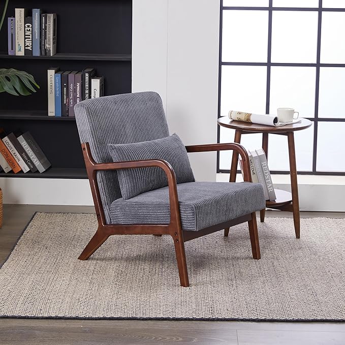 Mid-Century Accent Chair Upholstered Fabric Living Room Chair with Solid Wood Frame Modern Small Side Arm Chairs Comfy Wingback Reading Chair for Bedroom Office (Dark Grey B)