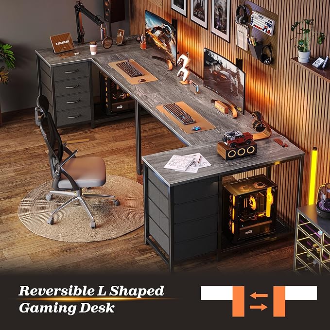 PRAISUN 43.3 Small Computer Desk with Power Outlets and USB-C Port Reversible L Shaped Corner Office Desk with 4 Fabric Drawers and 2 Height-Adjustable Shelves for Gaming Writing Grey