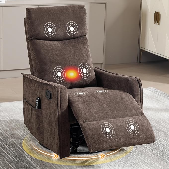 Manual 360° Swivel Rocker Recliner Chair for Adults Overstuffed Glider Chair for Nursery with Vibration Massage &amp Heat Comfy Soft Fabric Recliner Chair with Side Pockets for Living Room Brown
