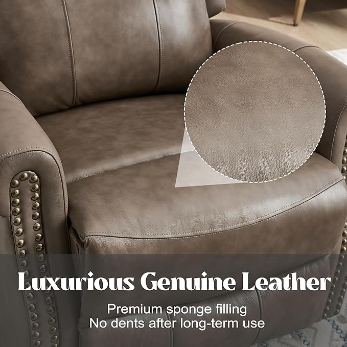 Manual Rocker Swivel Recliner Chair for Adults Vibration Massage Reclining Glider Chair with Lumbar Heat Rivet Design Single Sofa for Living Room Genuine Leather Camel Brown