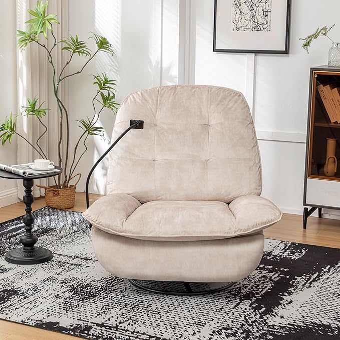 JOSHEN 41 Modern Velvet Reclining Lazy ChairLarge Reading ChairSwivel Gliding Rocking Chair with Mobile Phone Holder for Living RoomBedroomIvory