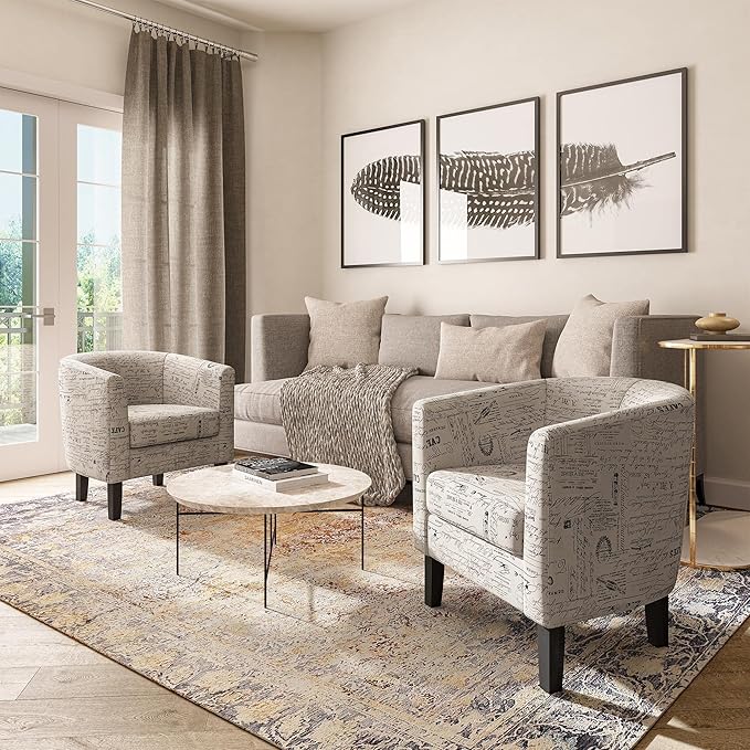 BELLEZE Accent Barrel Chair Set of 2 Linen Round Chair Club Tub Sofa Corner Chair with Flared Legs and Cozy Soft Padding for Living Room Bedroom Waiting Room - Black &amp Beige