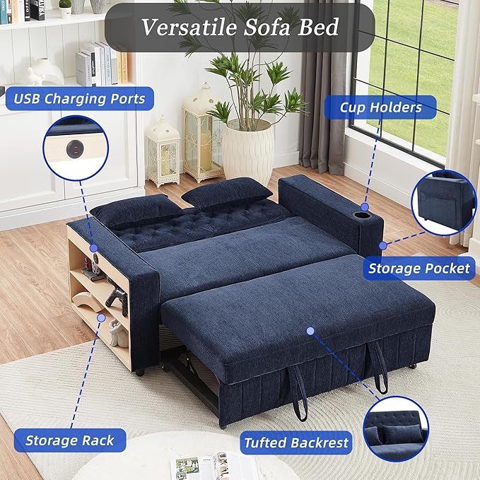 61.4 Pull-Out Sofa Bed Convertible Sleeper Sofa Bed with Adjustable Backrest Cup Holders Storage Rack Handy Side Pockets Two Lumbar Pillows Modern Loveseat Sofa for Living Room