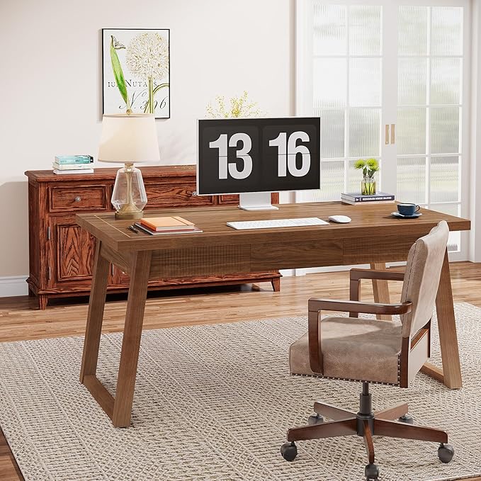 Tribesigns Home Office Executive Desk: 55 Inches Wooden Computer Desk with Drawer Mid-Century Modern Study Writing Table Rustic PC Laptop Desk Workstation Furniture Walnut Brown