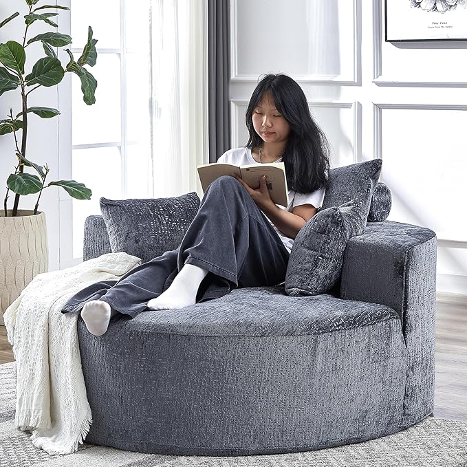 Oversized Round Chaise Lounge Chair Indoor 55W Circle Comfy Armchair with Deep Seat Floor Cloud Boneless Chair Upholstered Modern Cozy Sofa Chairs for Living Room Bedroom(Chenille Grey)