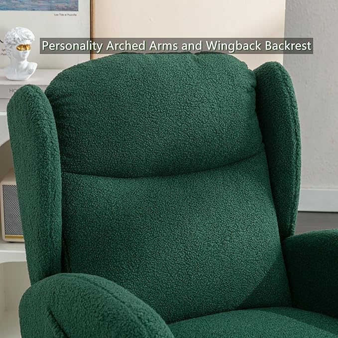 Setawix Teddy Rocking Glider Chair for NurseryUpholstered Living Room Rocker Arm ChairLeisure Sherpa Wingback ArmchairMid Century Modern Rocking Accent Chair with Side Pockets (Wingback Green)