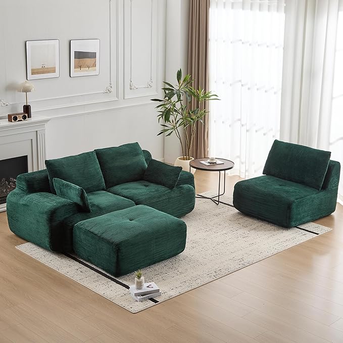 Modular Sectional Sofa Comfy Boneless Cloud Couch with Pillows Pet-Friendly Corduroy Fabric Sectional Couches for Living Room No Assembly Required (Green 3 Seat)