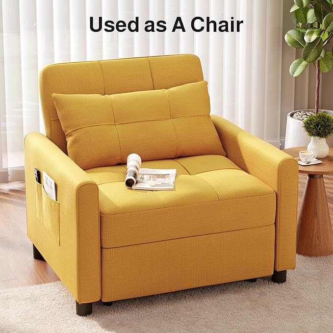 Ahomly Convertible Sleeper Chair Sofa Bed with 3-in-1 Design Adjustable Backrest and Storage Pocket for Living Room Yellow