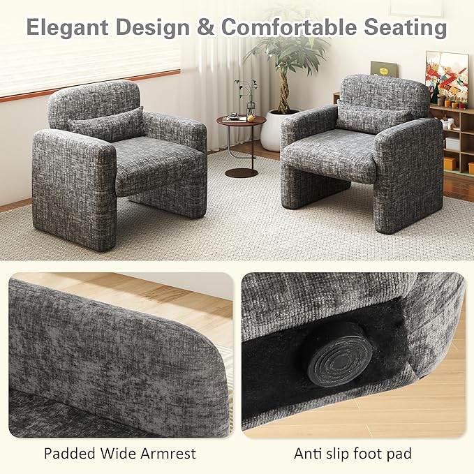 LSSPAID Modern Accent Chairs Chenille Fabric Armchairs for Living Room Comfy Upholstered Leisure Single Sofa Chair with Lumbar Pillow for Bedroom Balcony Office (Charcoal Set of 1)