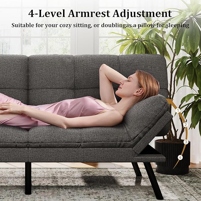 Hcore Convertible Futon Sofa BedModern Linen Futon Couch with Detachable CushionAdjustable Backrest &amp Armrest Small Splitback Loveseat Sofa Sleeper for Living RoomOfficeApartmentDark Grey